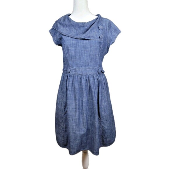 eshakti Dresses & Skirts - eShakti Blue Chambray Fit and Flare Short Dress Womens Medium Asymmetric Collar